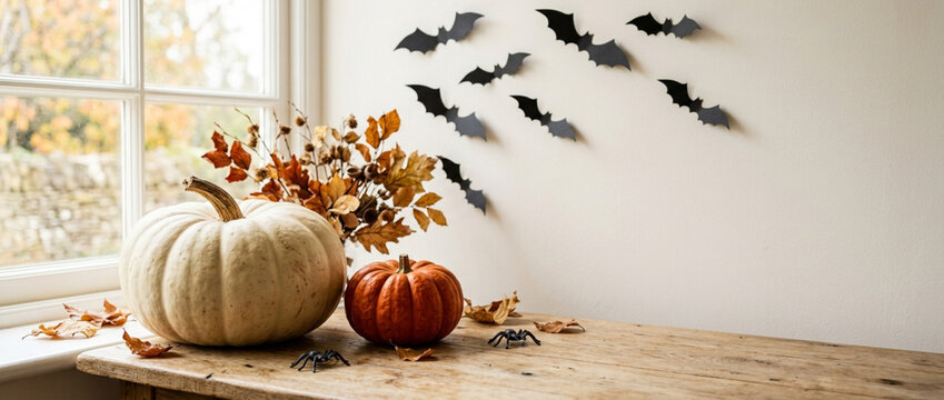 Autumn Halloween Decorations: Pumpkins, Bats, and Spiders by Window