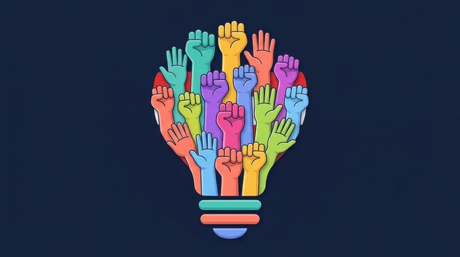 Vibrant neon hand with colorful glowing fingers against dark background.