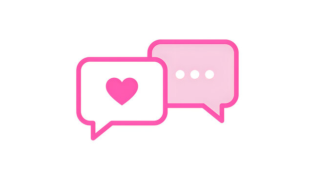 A digital conversation is shown with a pink heart icon and ellipsis bubbles symbolizing online communication and a positive friendly interaction between