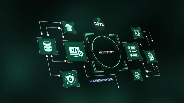 Data recovery system and disaster prevention dashboard with glowing futuristic HUD tech icons