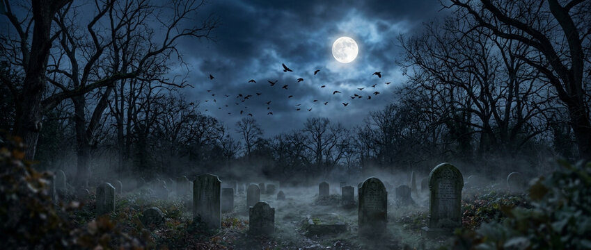 Eerie Cemetery Moonlight Fog with Flying Birds