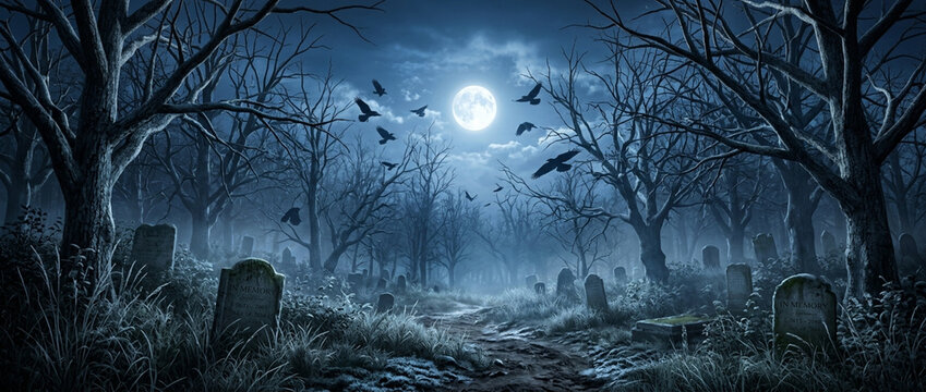 Eerie Cemetery at Night: Full Moon, Flying Crows, Gravestones, Spooky Trees