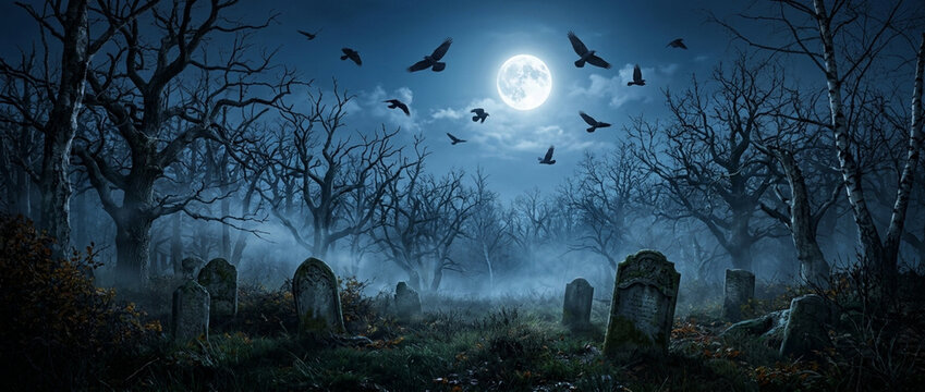 Eerie Cemetery at Night: Full Moon, Fog, Flying Crows, and Gravestones
