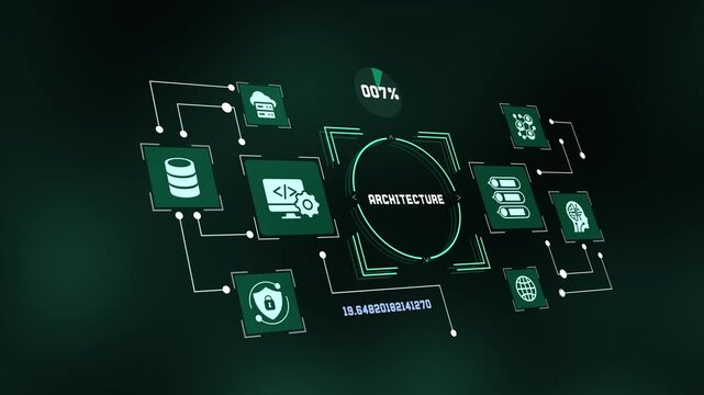 Digital cloud network infrastructure and system architecture display with HUD elements and tech icons