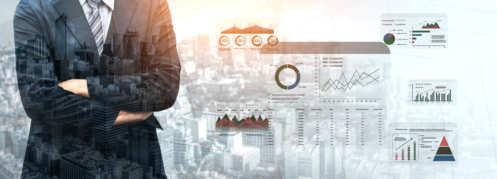 A financial and marketing KPI dashboard for business analytics and strategy. A report showing profit, revenue, and customer conversion rate data. Motif
