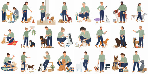 Fototapeta premium Flat character illustration collection of people with different dog breeds engaged in various activities like training, walking, playing, and grooming.