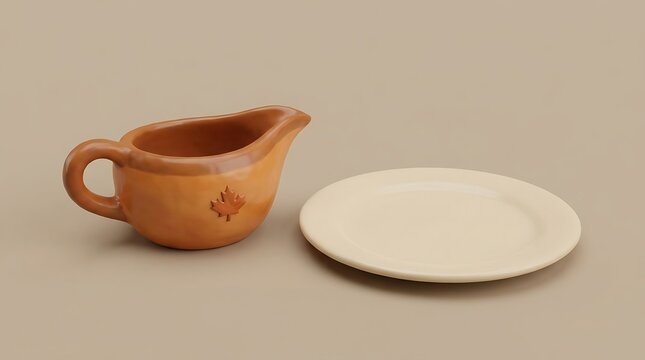Ceramic gravy boat featuring maple leaf decoration sitting beside small round plate on neutral background