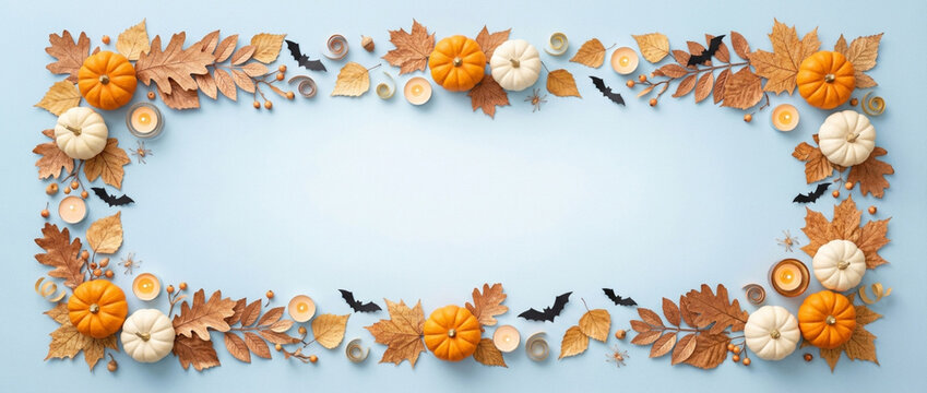 Autumn Halloween Decorative Border with Pumpkins, Leaves, Bats, and Candles