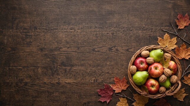 Rustic autumn harvest background with apples and pears, wicker basket of seasonal fruit on dark wood, fall foliage and walnuts on wooden table