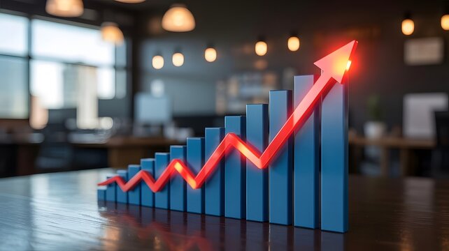Financial growth chart with an upward-pointing red arrow, stock market analysis, as well as business success and trading chart concepts.
