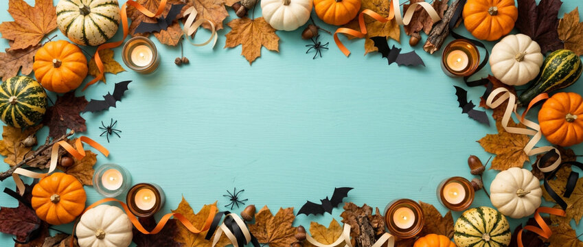 Autumn Halloween Frame with Pumpkins, Leaves, Bats, and Candles