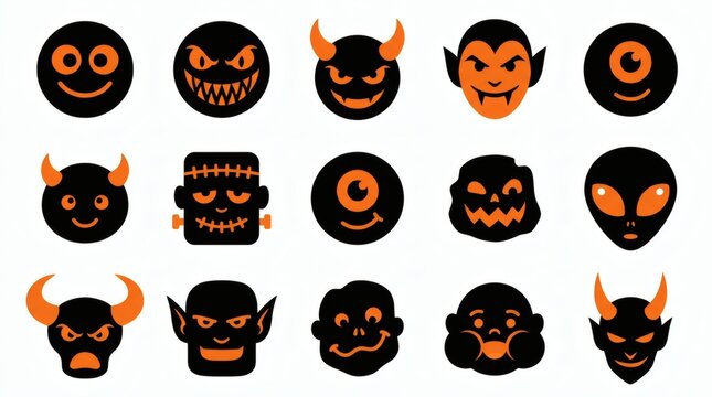 Black And Orange Two Tone Flat Vector Monster Head Portraits Collection Facial Features


