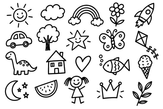 Hand drawn doodle set including dinosaur rocket car and nature symbols with kids drawings rocket sketch car drawing flower icon rainbow sketch sun doodle sketches