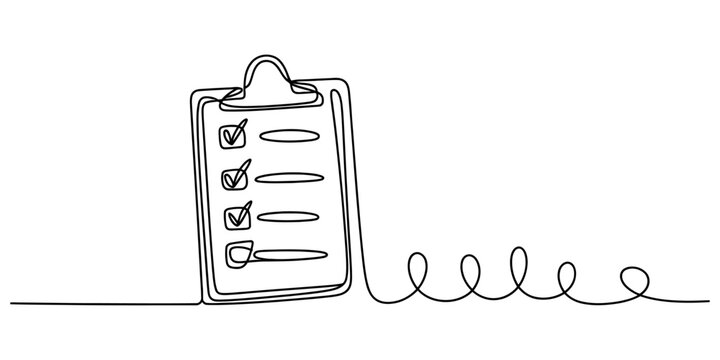Clipboard with checkmark list continuous line vector art symbolizing productivity task management and business goals.