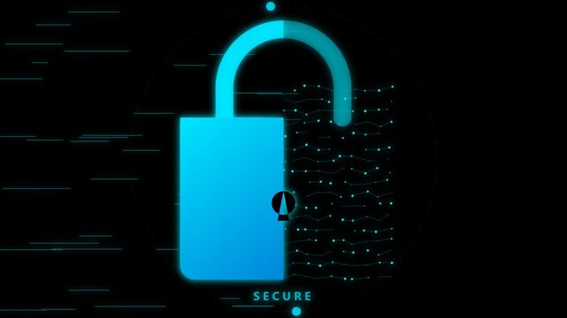 Abstract digital security concept showcasing an illuminated open padlock icon with flowing data particles, symbolizing protected access and robust cybersecurity measures