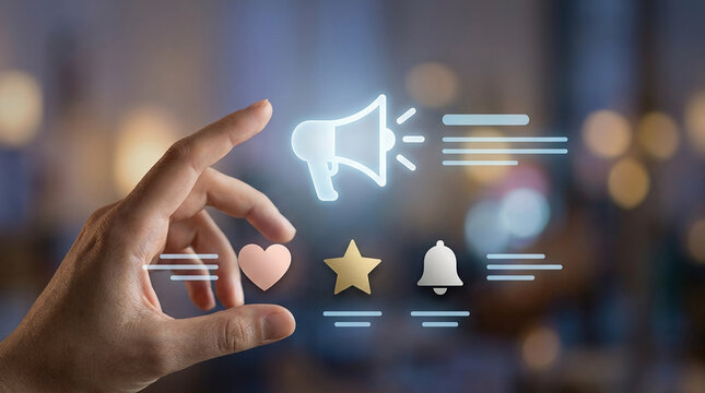 Digital marketing concept with hand touching holographic icons of megaphone, heart, star, and bell for social media promotion and engagement.