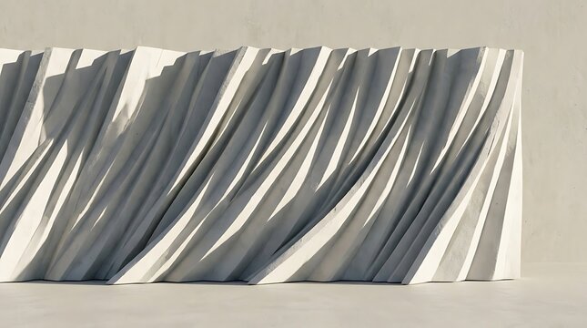 Abstract modern white architectural wall panels with dynamic diagonal waves and shadows.