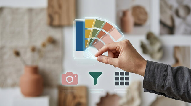 Hand selecting a color palette from a futuristic digital holographic interface for interior design and creative art professional branding concept.