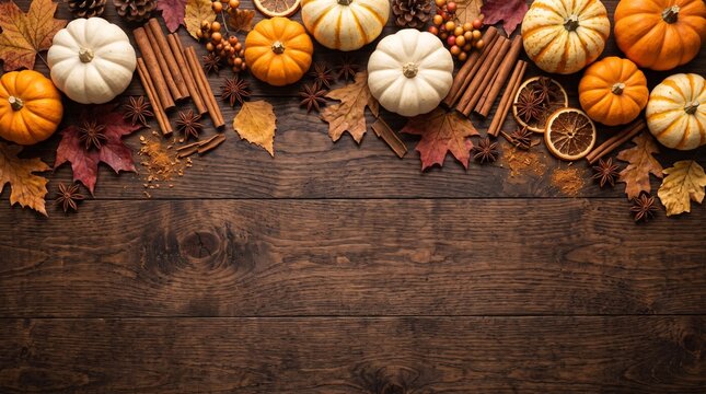 Autumn harvest background with pumpkins and cinnamon, rustic fall border on dark wood, seasonal thanksgiving flat lay with dried leaves and spices