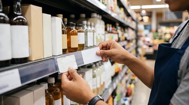 Grocery store clerk placing price tag on shelf in supermarket