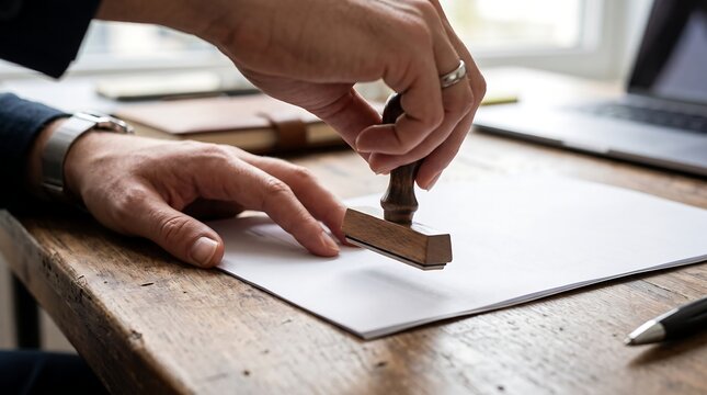 Business Professional Using Wooden Rubber Stamp on Official Document