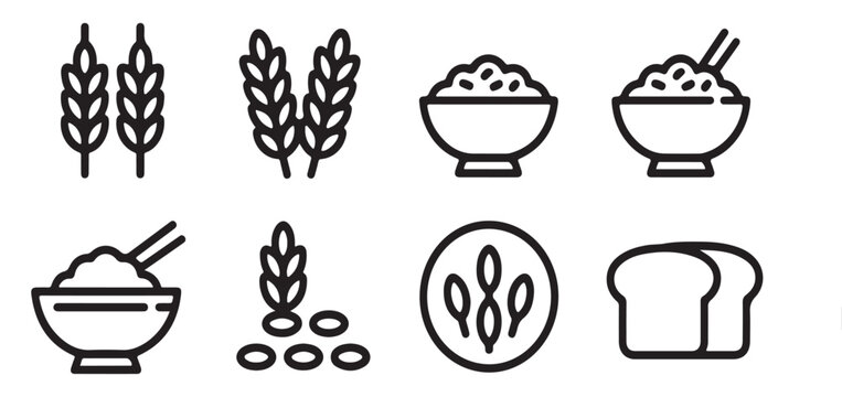 Simple line art icons of cereal crops and rice dishes including wheat stalks and fresh bread slices for healthy eating lifestyle guides.
