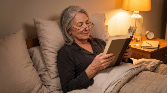 presbyopia woman stress fatigue concept. Cozy woman reading a book in bed under warm light.