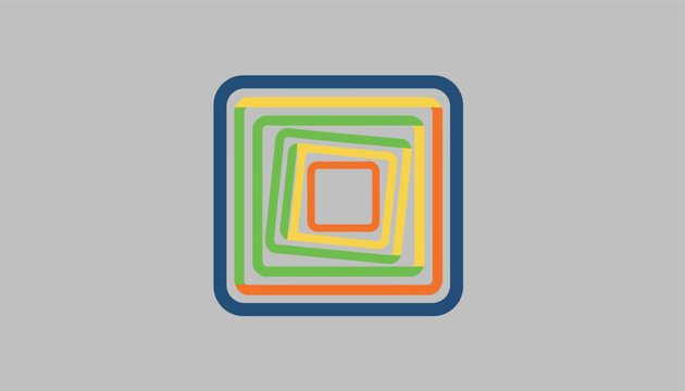Abstract geometric logo icon features concentric squares with a modern rotated effect in blue, orange, yellow, and green.