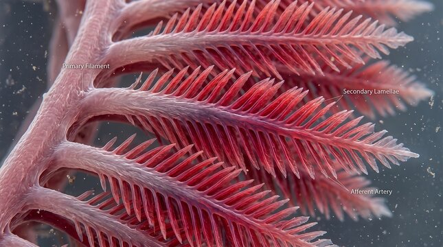 Microscopic close up of fish gill anatomy showing primary filaments and secondary lamellae marine biology aquatic zoology respiratory system gas exchange structure science macro illustration