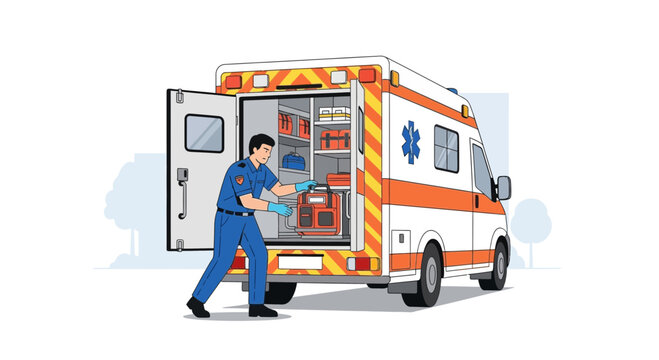 Paramedic loading medical equipment into ambulance, emergency response