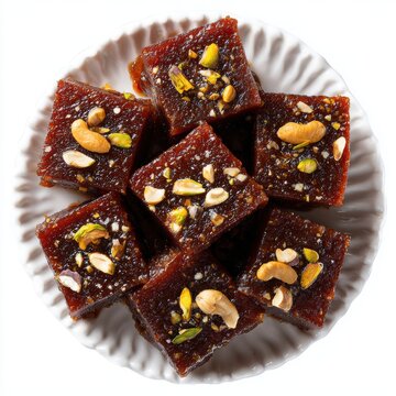 Indian Navratri banana halwa dark brown sweet squares  isolated on a white background