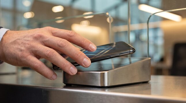 Person using a smartphone for contactless payment at a terminal in a modern office lobby