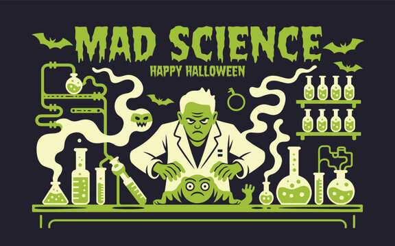 Mad science happy halloween graphic with mad scientist and laboratory equipment