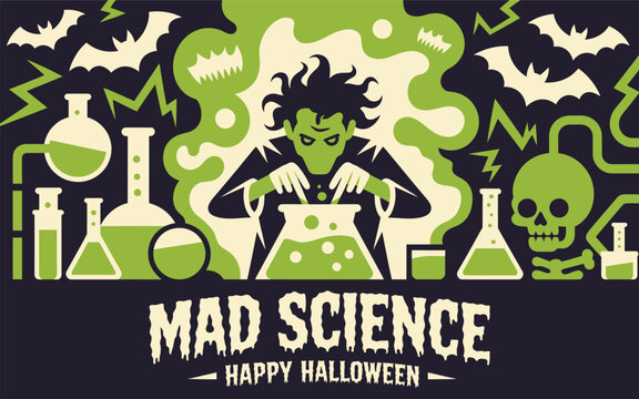 Mad science happy halloween illustration with scientist and chemical reaction