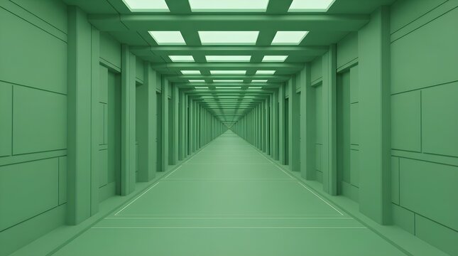 Futuristic long green corridor with symmetrical doors and bright ceiling lights