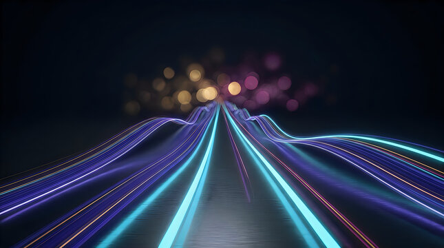 Abstract long exposure light trails moving forward on a dark road with colorful bokeh lights in the distance