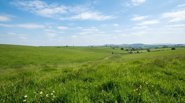 Scenic view of green rolling hills under a blue sky with white clouds in a peaceful rural landscape