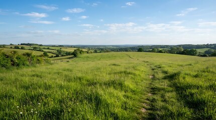 Obraz premium Scenic landscape with lush green fields, rolling hills, and a hiking trail under a clear blue sky