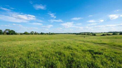 Obraz premium Vast green meadow landscape under a vibrant blue sky with fluffy white clouds on a sunny day