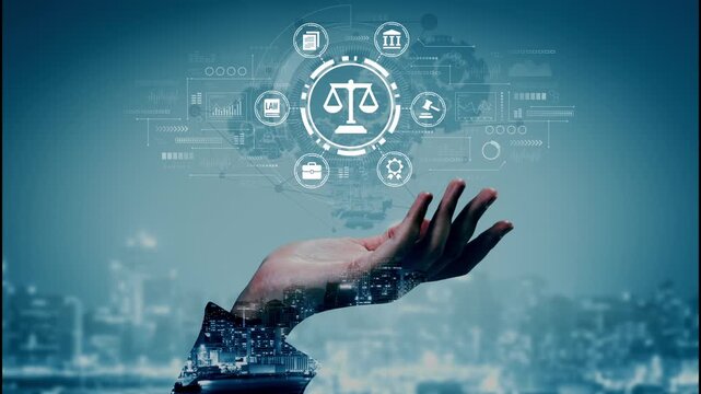 Digital Justice Concept with Hand Holding Scale of Justice Over Modern City Infographic and Technology Icons in Background. Entropy.