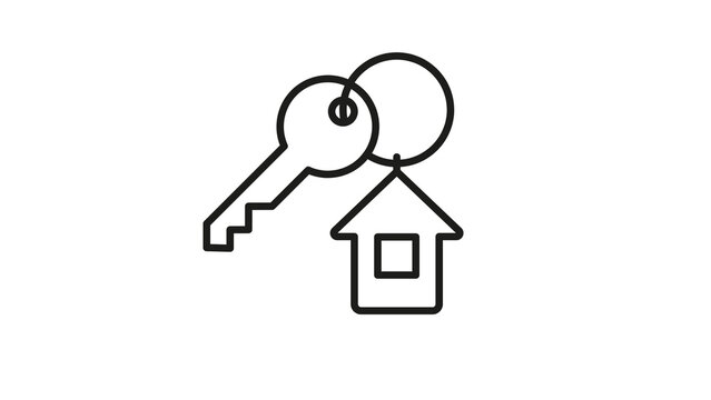Minimalist house key line icon, black outline of home keychain on ring, real estate property ownership symbol for mortgage and moving house