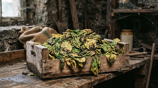 A large pile of wilted and deteriorating spinach with yellowing, brown and darkened leaves, placed inside an old wooden produce crate in a rustic storage environment.