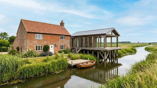 Historic Red Brick Cottage with Glass Pavilion Extension on Riverbank