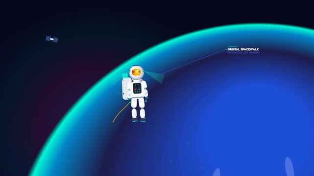 Animated infographic showing a micrometeoroid impact on an astronaut spacesuit during an orbital spacewalk demonstrating hypervelocity defense mechanisms and layer penetration resistance