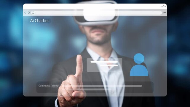 A businessman interacts with AI chatbot technology through a virtual reality headset, exploring innovation in communication within a modern work environment. Raster