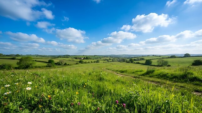 Scenic view of lush green rolling hills and meadows under a bright blue sky with fluffy white clouds in the countryside