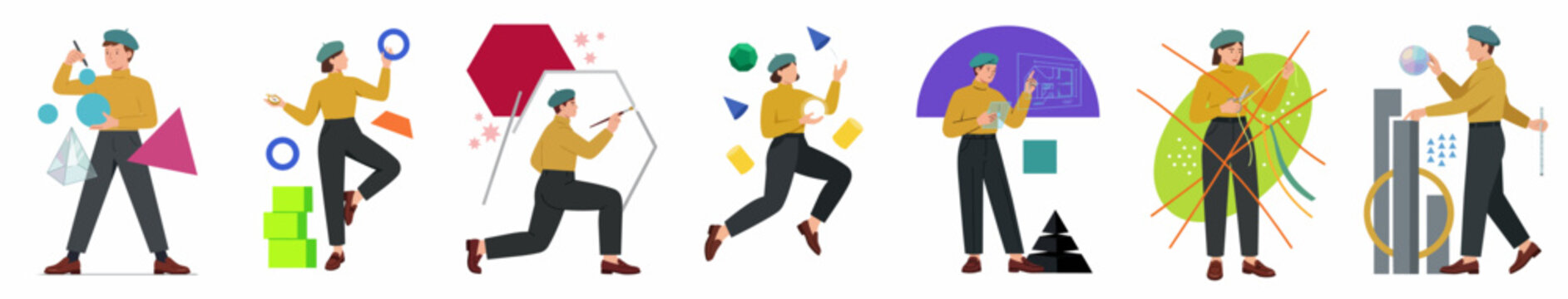 Set of flat vector illustrations featuring a creative woman interacting with colorful geometric shapes, representing design concepts, brainstorming, planning, and problem-solving processes.