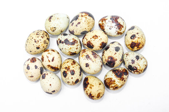 A collection of speckled quail eggs isolated on a white background. Fresh natural eggs with distinctive brown markings arranged