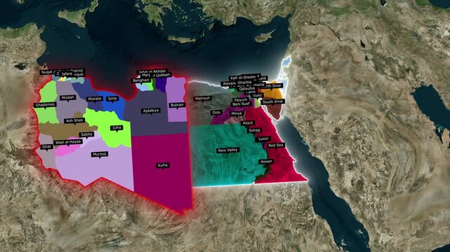 3D Animated Map of Libya and Egypt Highlighting Districts, Flag Overlays, and North Africa Borders