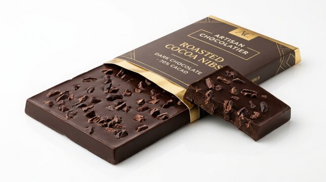 Dark chocolate bar with crushed cocoa nibs in an open paper wrapper sweet treat chocolate packaging chocolate slab premium chocolate textured chocolate gold lining baking chocolate still life